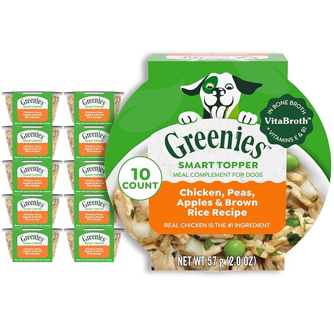 Greenies Smart Topper High Protein Wet Mix-in for Dogs, Chicken, Peas, Apples &amp; Brown Rice Recipe in Vitabroth Broth - Bone Broth + Vitamins E &amp; B1, 10 Count