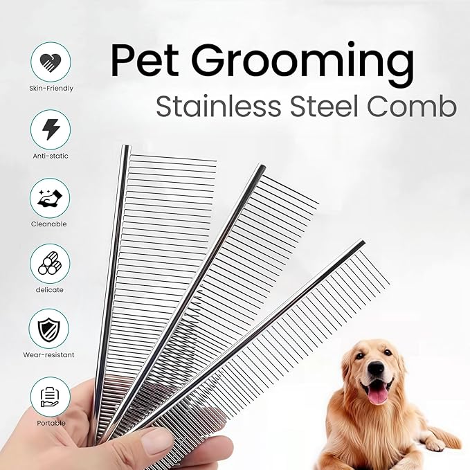 [3 Pack] Stainless Steel Pet Comb Set – Grooming Combs for Dogs &amp; Cats, Large Medium Small Sizes – for Long, Short, Curly Hair, Detangling Matted or Knotted Undercoat Hair