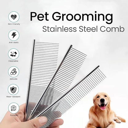 [3 Pack] Stainless Steel Pet Comb Set – Grooming Combs for Dogs &amp; Cats, Large Medium Small Sizes – for Long, Short, Curly Hair, Detangling Matted or Knotted Undercoat Hair