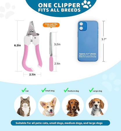 Pet Nail Clippers and Trimmers for Dogs and Cats, Professional Grooming Tool with Safety Guard, Sharp Blades, Free Nail File, Avoid Overcutting, Suitable for Small and Large Pets (Pink)