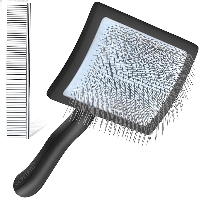 Dog Slicker Brush for Shedding and Grooming Medium or Long Haired Cats, Extra Long &amp; Soft Pin Slicker Brush for Removes Loose Hair, Tangles, Knots, Undercoat, Free Pet Comb, Large Black