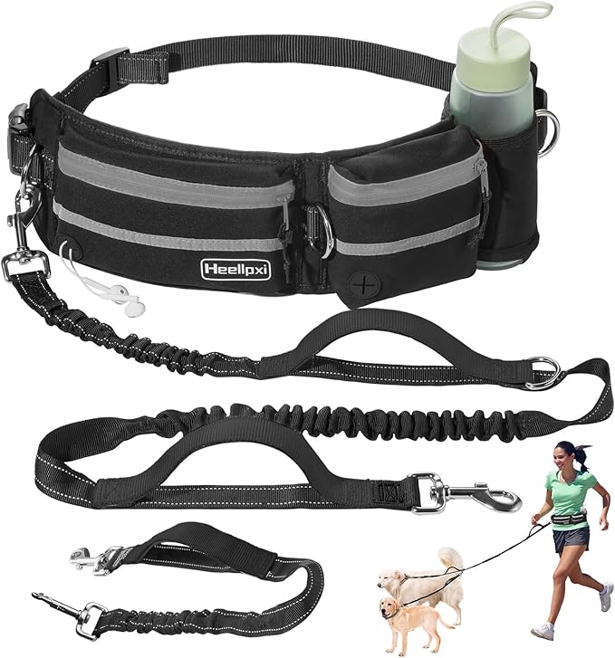 Hands-Free Waist Leash with Pouch for Two Dogs: Reflective Stitching, Dual Handle &amp; Bungee Retractable Design – Ideal for Medium to Large Dogs (Grey) – Dog Walking Accessories