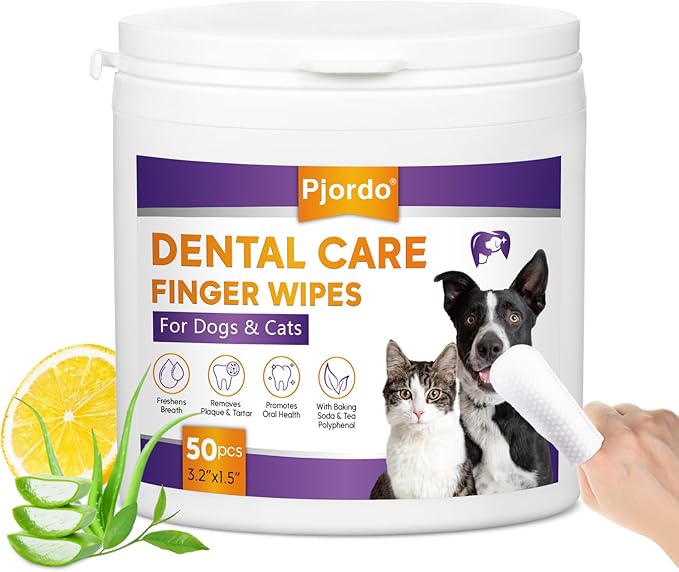 Teeth Cleaning Wipes for Dogs &amp; Cats, Dental Care Finger Wipes, Remove Plaque, Tartar &amp; Bad Breath, Disposable Gentle Cleaning &amp; Gum Care Pet Wipes, No-Rinse Dog Finger Toothbrush, 50 Counts
