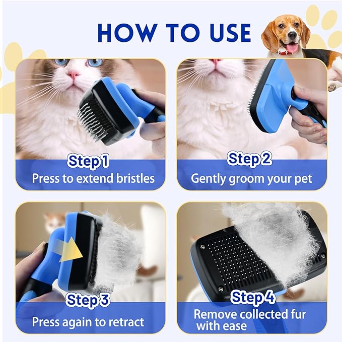 Large Self Cleaning Deshedding Brush for Dogs &amp; Cats - One Button Hair Release Grooming Tool, Gentle Massage Brush for Long and Short Hair (Blue)