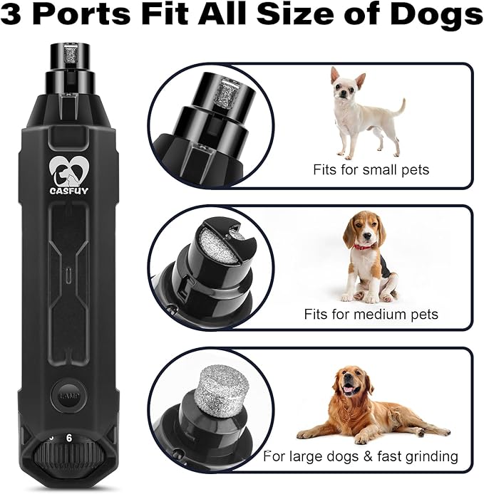 Casfuy 6-Speed Dog Nail Grinder - Newest Enhanced Pet Nail Grinder Super Quiet Electric Dog Nail Trimmer Rechargeable Painless Paws Grooming &amp; Smoothing Tool for Large Medium Small Dogs (Grey)