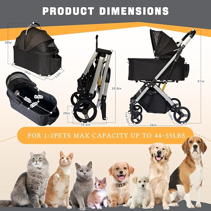 Pet Stroller for Small &amp; Medium Dogs Cats up to 55 lbs 4-in-1 Foldable Travel Pet Stroller with Detachable Carrier Lightweight All-Terrain Spring Damping,Car Seat,Sun Canopy,Black