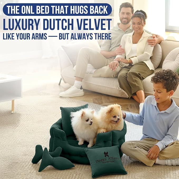 Luxury Dog Bed Chesterfield – Handcrafted Velvet Throne for Dogs | Joint Support, Calming &amp; Temp-Regulating Comfort | Durable 5+ Years, Anti-Claw, Washable 100+ Times – XS, Green