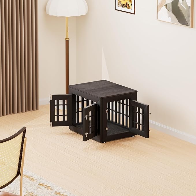 26" Heavy Duty Dog Crate Furniture for Small,Medium and Large Dogs,Rustic Wooden Dog Cage Kennel Indoor Furniture with Waterproof Top,Decorative Pet House Side End Table (Black &amp; Grey)