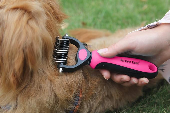 Maxpower Planet Pet Grooming Brush - Double Sided Undercoat Rake for Dogs &amp; Cats, Extra Wide Brush to Reduce Shedding by 95% (Pink, S)