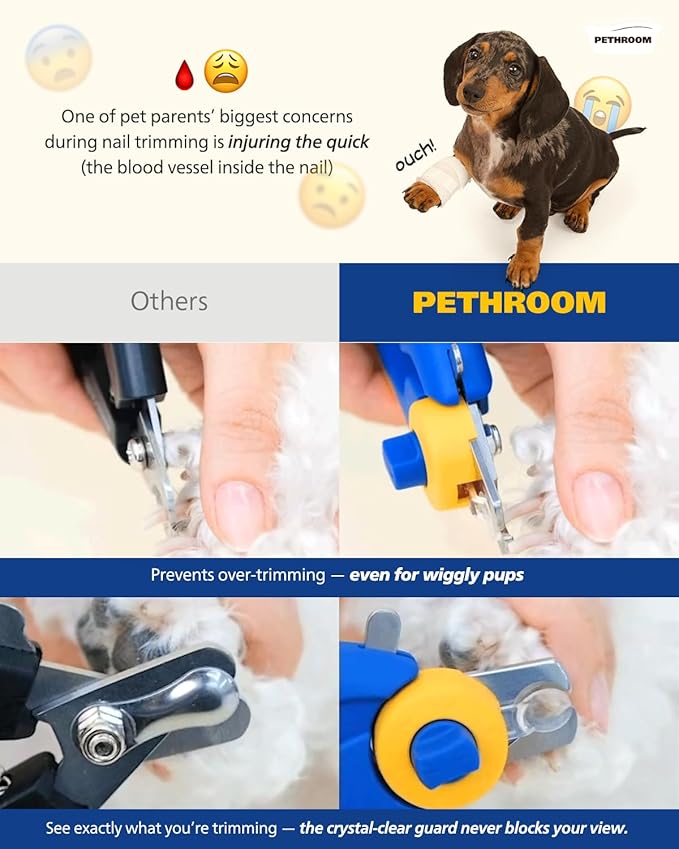 PETHROOM] Professional Dog Nail Clipper with Transparent Guard &amp; Nail File | Adjustable Cutting Length (1-3mm) Sturdy, Durable Stainless Steel Blade | Nail Trimmer for Pets Avoid Overcutting