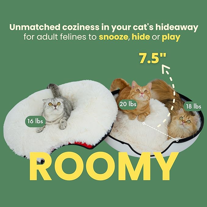 CATTASAURUS Peekaboo Cat Cave for Multiple &amp; Large Cats Up to 30-45 Lbs, Fluffy Cat Beds &amp; Furniture, Scratch Detachable &amp; Washable Tunnel Bed, Comfy Donut Bed (Ruby Snowball, Large (Calming))