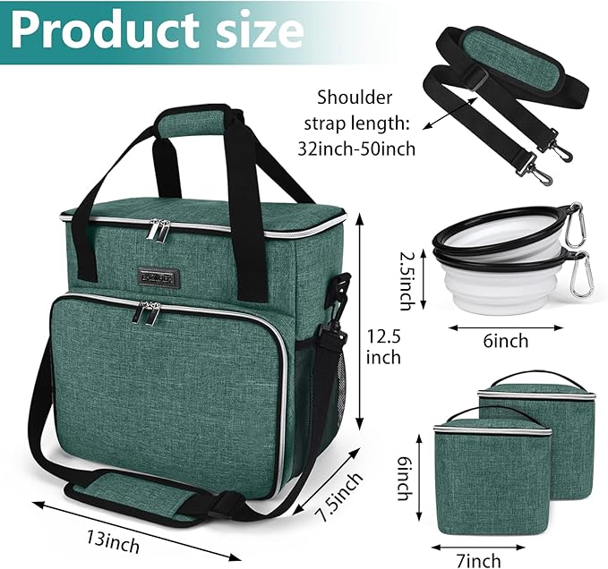 BAGLHER Pet Travel Set Airline-Approved Carrier for Small/Medium Cats &amp; Dogs + Travel Bag with Food Containers &amp; Silicone Bowls, Grey &amp; Green