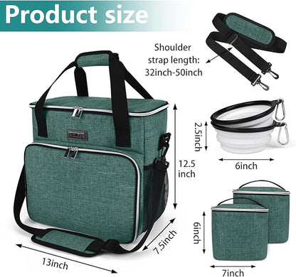 BAGLHER Pet Travel Set Airline-Approved Carrier for Small/Medium Cats &amp; Dogs + Travel Bag with Food Containers &amp; Silicone Bowls, Grey &amp; Green