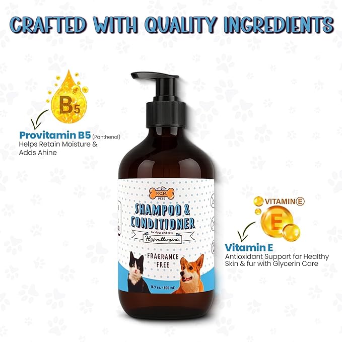 POM Pets 2-in-1 Organic Dog Shampoo &amp; Conditioner – Itchy Skin Relief, Dog Deshedding, Detangles Fur, Cat Shampoo, Paw Cleaner for Dogs, Natural Coat Defense Formula