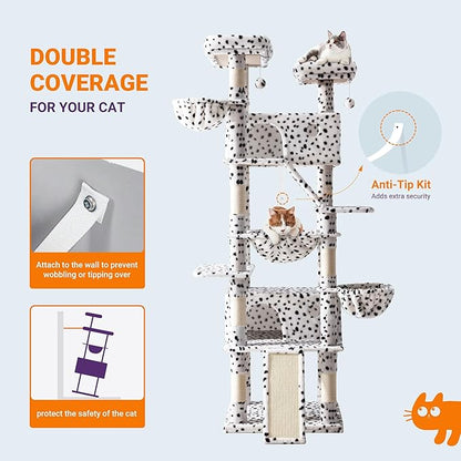 Allewie 81 Inches Tall Cat Tree/Multi-Level Large Climbing Tree House and Towers for Big Feline/Condo and Hammock/Scratching Post/Wide Base/White &amp; Black Spot