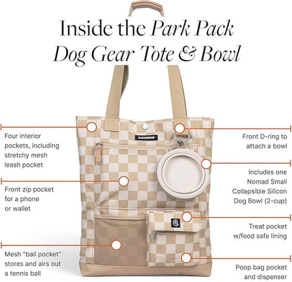 Park Pack 2-Piece Set Dog Gear Tote – Dog Travel Bag with 8 Pockets, Treat Pouch, Poop Bag Dispenser, Quick-Dry Ball Pocket, Collapsible Bowl, Perfect for Walks &amp; Park Trips, Checkerboard