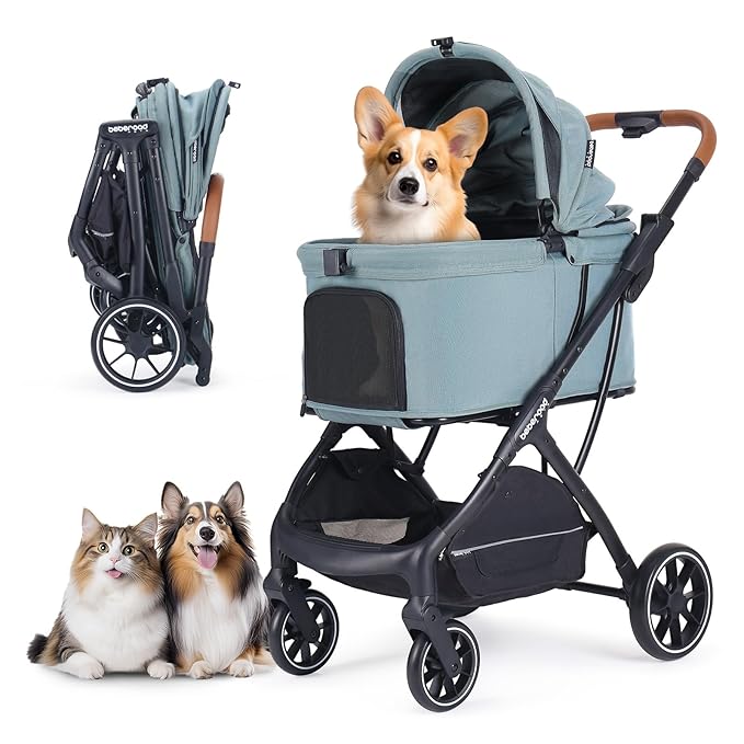 T5 Luxury Pet Stroller for Medium Dog Under 60lbs or 2 Small Dogs &amp; Cats with 180 ̊Canopy, Sun Shades, Auto-Folding Stroller for Multiple Pets (Green)