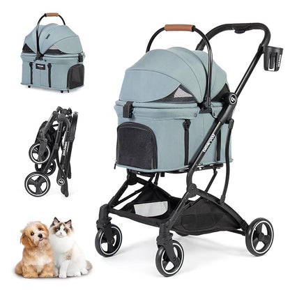 T3 3-in-1 Small Pet Stroller for Dog &amp; Cats, 4 Wheels with Detachable Carrier with Pad, Canopy and Cup Holder (Green)