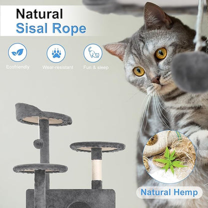 FDW Cat Tree 54in Cat Tower Multi-Level Durable Cat Scratching Post &amp; Cozy Fun Cat Jumping Platform Space Saving Cat Condo Pet Play House for Indoor Cats,Light Gray