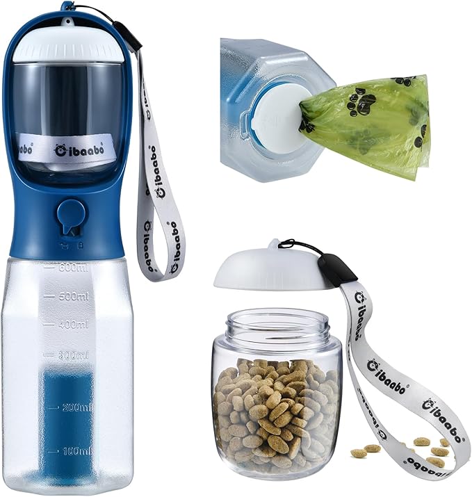 Dog Water Bottle with Food Container &amp; Poop Bag Holder, Travel Water Bowl, Portable Pet Dispenser, Dog Stuff Accessories Items, Puppy Essentials Necessities for Walking Hiking Dog Gift