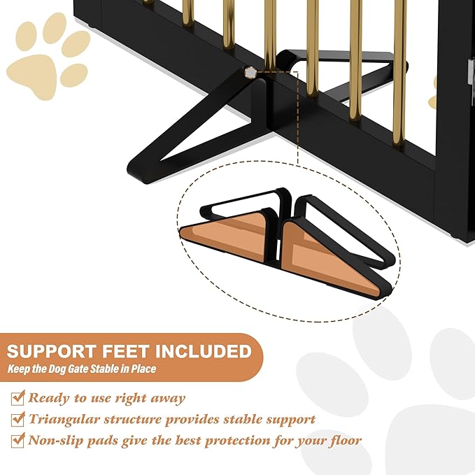 Freestanding Pet Gate for Dogs, Foldable Wooden Dog Gate for House, Indoor Dog Gate for Stairs, Doorways, Step Over Pet Puppy Safety Fence, 80 Inch Wide, 4 Panels 24", Black &amp; Gold