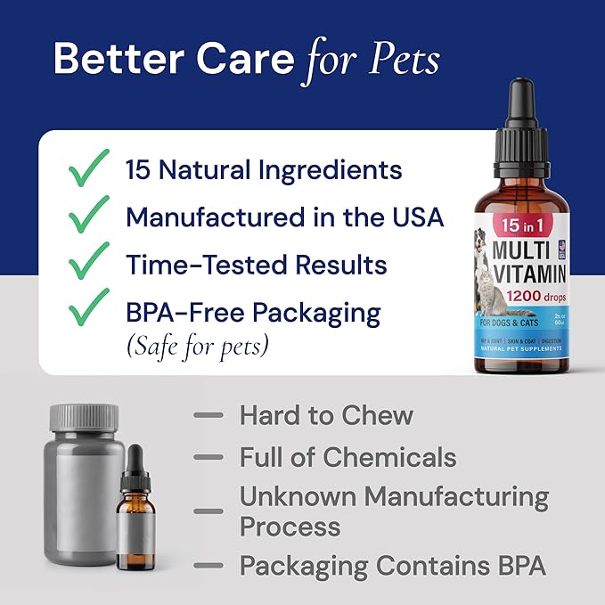 Advanced 15-in-1 Multivitamin for Dogs &amp; Cats - Premium Liquid Supplement with Glucosamine, Vitamin B Complex and Cranberry for Joint, Digestive, Skin, Immune &amp; UTI Support - 2.0 Fl Oz - Made in USA