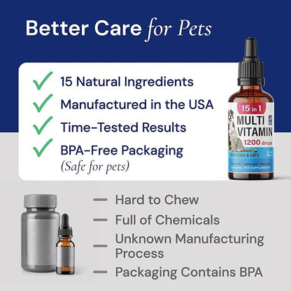 Advanced 15-in-1 Multivitamin for Dogs &amp; Cats - Premium Liquid Supplement with Glucosamine, Vitamin B Complex and Cranberry for Joint, Digestive, Skin, Immune &amp; UTI Support - 2.0 Fl Oz - Made in USA