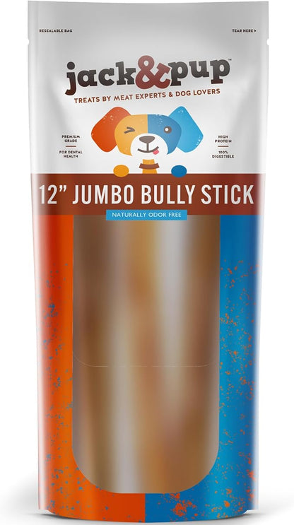 Jack&amp;Pup 12 Inch Bully Sticks for Large Dogs (5 Pack) Jumbo Dog Chews for Aggressive Chewers | All Natural, Odor Free Bully Sticks for Dogs