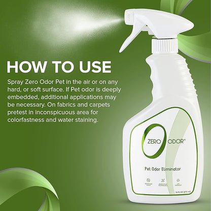 Zero Odor - Pet Odor Eliminator for Strong Odor, Eliminate Air &amp; Surface Odors – Patented Molecular Technology Best For Carpet, Furniture, Beds Smell Great Again (Over 400 Sprays Per Bottle)