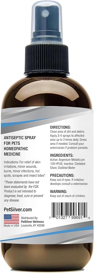PetSilver Wound &amp; Skin Spray - Dog Wound Spray, Hot Spot, Allergy Relief for Dogs, Itch Spray for Cats - Natural Skin Soother - Chelated Silver, Superior to Colloidal Silver - Made in USA - 8 fl oz