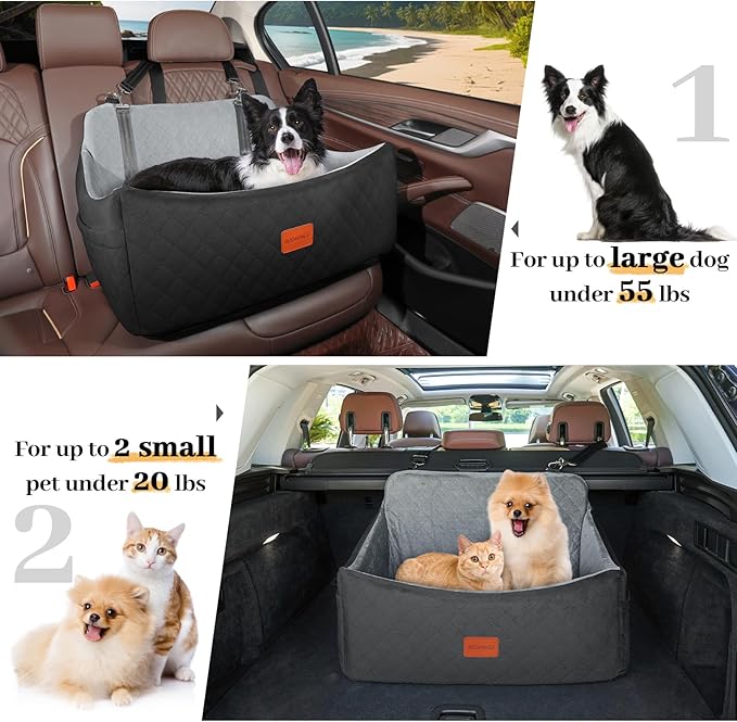 Dog Car Seat for Medium &amp; Large Dogs Up to 55lbs, Memory Foam Cushion, Washable Cover, Safety Straps &amp; Non-Slip Base(Black/Grey,Large)