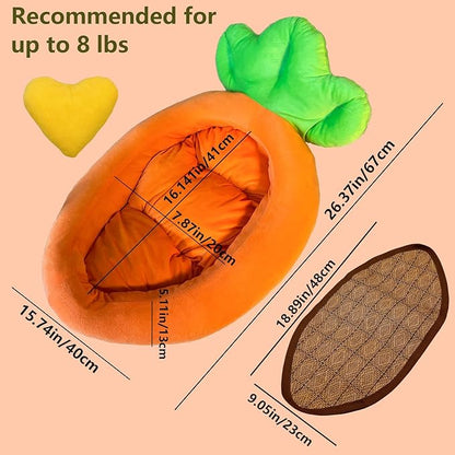 Rabbit Bed,Thick&amp;Soft Bunny Bed with Removable Cushion,Machine Washable with Rattan Mat &amp; Heart Decor,Cozy Warm Small Animal Sleeping Beds (Carrot Shape-L)