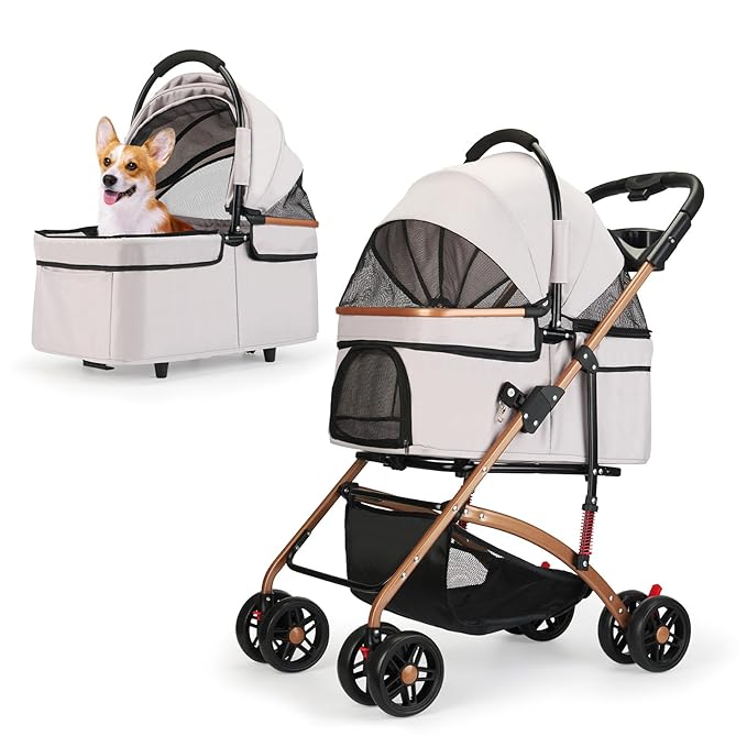 3-in-1 Foldable Pet Stroller for Medium Dogs &amp; Cats (50lbs) - Detachable Carrier, Car Seat, Storage Basket, 5" Lockable Wheels