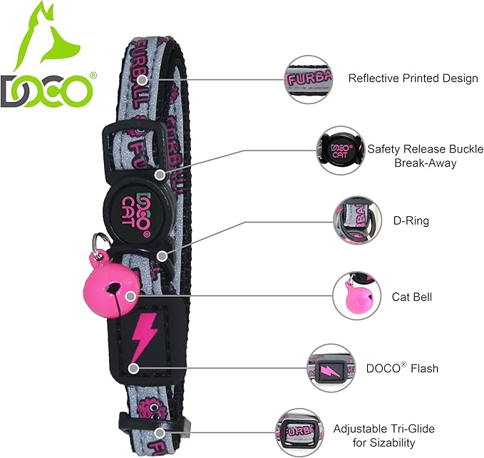 DOCO Cat Collar (Neck Girth - 3/8" x 7.5-12", Weight Upto - 13lb) Reflective Cat Collar with Bell, Breakaway Safety Buckle, Adjustable Nylon Strap for Kittens &amp; Adult Cats (Blue)