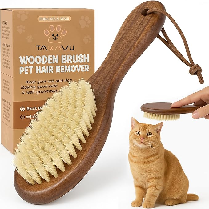 Takavu Natural White Boar Bristle Cat Brush - Gentle Grooming Tool for Sensitive Skin, Smoothing Fur &amp; Healthy Shine - Soft Pet Brush
