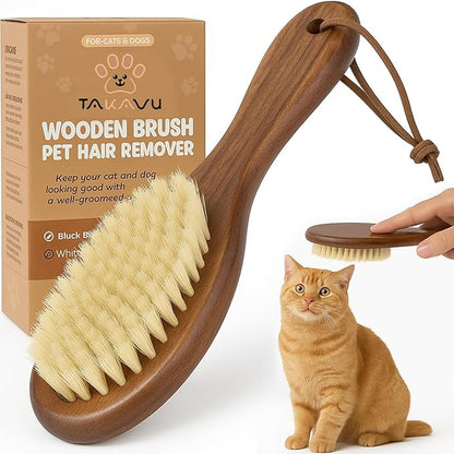 Takavu Natural White Boar Bristle Cat Brush - Gentle Grooming Tool for Sensitive Skin, Smoothing Fur &amp; Healthy Shine - Soft Pet Brush