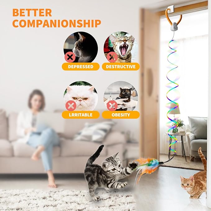 Interactive Cat Toy,Automatic Cat Toy for Indoor Cats,Hanging Door Clip Ribbon 360° Rotation,Feather &amp; Rainbow Cat Stimulating Ribbons Cat Toys for Bored Adult/Kitten Exercise