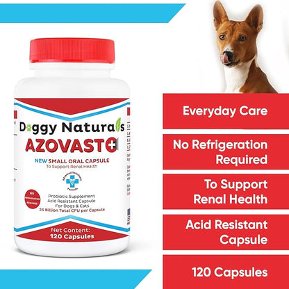 Azovast Plus Kidney Health Supplement for Dogs &amp; Cats, 120ct - NO Refrigeration Required - Help Support Kidney Function &amp; Manage Renal Toxins - Renal Care Supplement Capsule(U.S.A) (120 Caps)