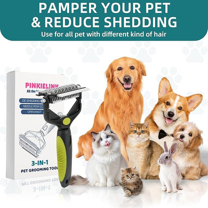 3-IN-1 Pet Grooming Tool - Undercoat Rake, Dematting Comb &amp; Deshedding Brush for Cats &amp; Dogs - Removes Mats, Tangles &amp; Loose Fur, Reduces Shedding &amp; Prevents Hair Mess (Green)