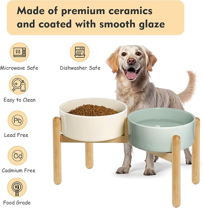 Wordcam Raised Ceramic Dog Bowls with Stand,Elevated Dog Dish, Pet Food and Water Feeder Set for Large Sized Dogs(9.4&