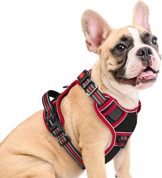 Eagloo Dog Harness Medium Sized, Easy Wearing with 3 Buckles, Adjustable No Pull Pet Harness with 2 Rings for Walking, No Chock Reflective Soft Padded Vest with Control Handle, Black &amp; Red, M