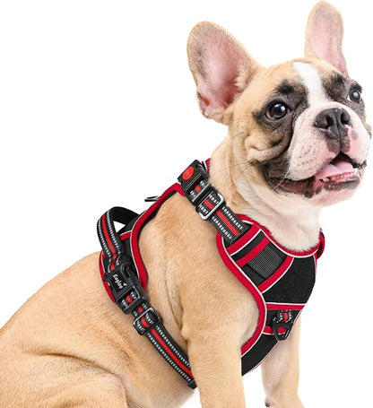 Eagloo Dog Harness Medium Sized, Easy Wearing with 3 Buckles, Adjustable No Pull Pet Harness with 2 Rings for Walking, No Chock Reflective Soft Padded Vest with Control Handle, Black &amp; Red, M