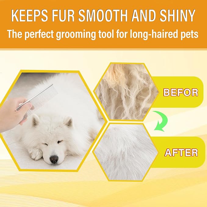 Dog Comb and Cat Combs Stainless Steel Teeth, Grooming Tool for Long &amp; Short Hair, Dematting Comb for Dogs, Removes Tangles &amp; Knots (Small Silver)