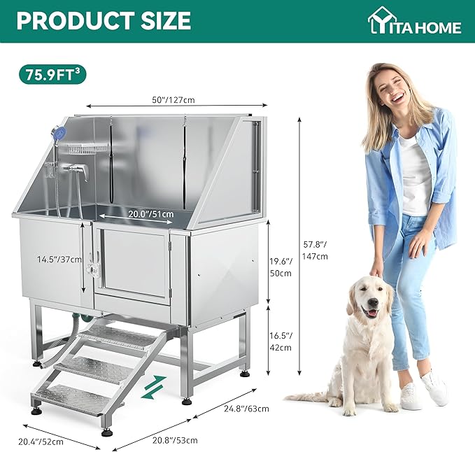 YITAHOME Professional Dog Bathtub 50in, Stainless Steel 304 Pet Grooming Station with Right Door &amp; Floor Grate, Ideal for Large to Small Pets, Indoor &amp; Outdoor Use