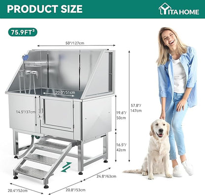YITAHOME Professional Dog Bathtub 50in, Stainless Steel 304 Pet Grooming Station with Right Door &amp; Floor Grate, Ideal for Large to Small Pets, Indoor &amp; Outdoor Use