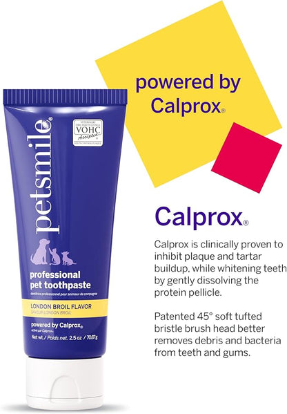 Petsmile Professional Pet Teeth Brushing Kit for Cats &amp; Dogs - Only VOHC Accepted Toothpaste &amp; Patented Toothbrush - Proven to Control Plaque &amp; Tartar Calprox Formula (London Broil, 2.5 Oz)