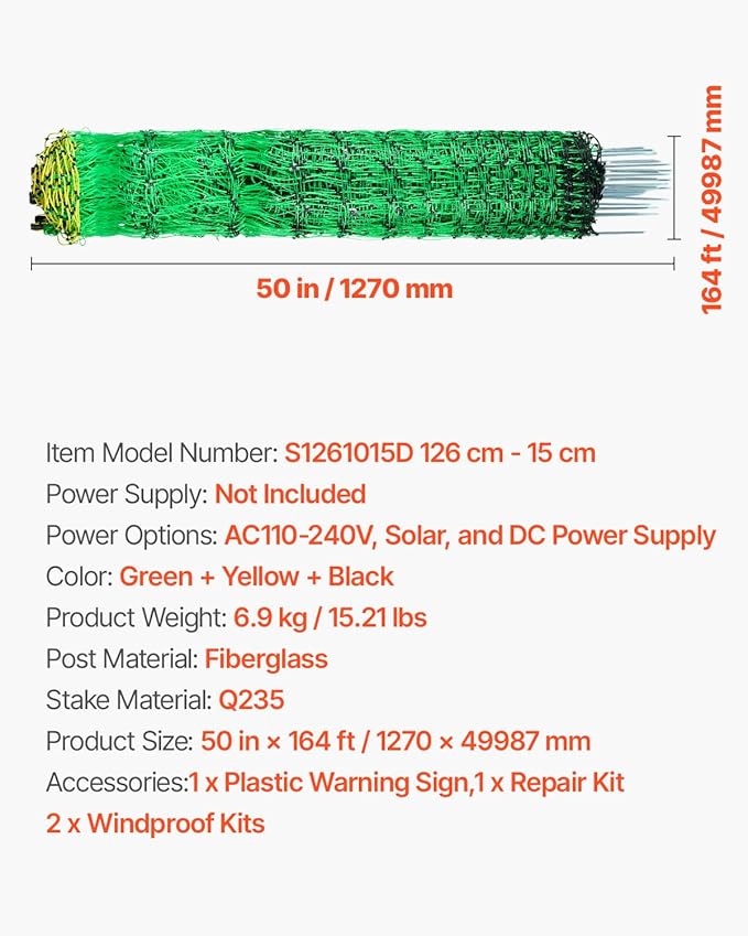 VEVOR Electric Fence Netting, 50" H x 164&