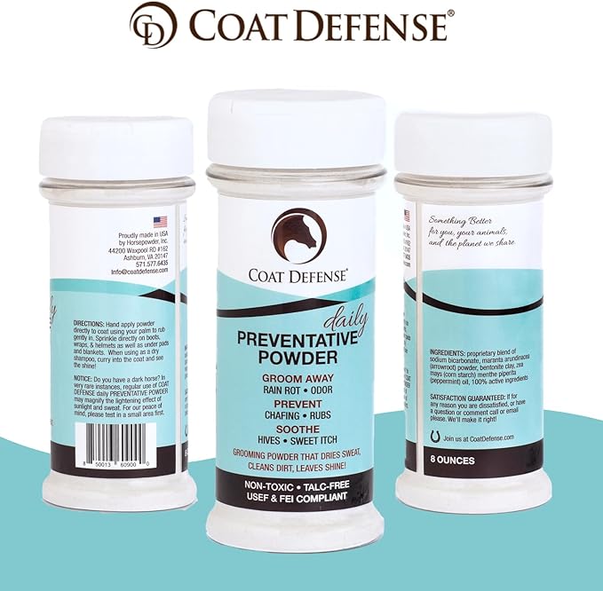 Coat Defense Daily Preventative Powder for Horses - Safe &amp; Effective Equine Sweet Itch, Skin Funk, Scratches, &amp; Rain Rot Treatment - Dry Shampoo for Horses, 8 oz Formula with All Natural Ingredients