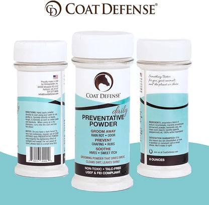 Coat Defense Daily Preventative Powder for Horses - Safe &amp; Effective Equine Sweet Itch, Skin Funk, Scratches, &amp; Rain Rot Treatment - Dry Shampoo for Horses, 8 oz Formula with All Natural Ingredients