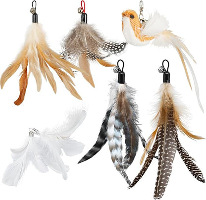 ROSAUI Cat Toy Refill Set – 6 Replacement Attachments for Teaser Wands, Includes 5 Feather Heads &amp; 1 Lifelike Bird, Bell-Equipped, Interactive Accessories for Indoor Cats